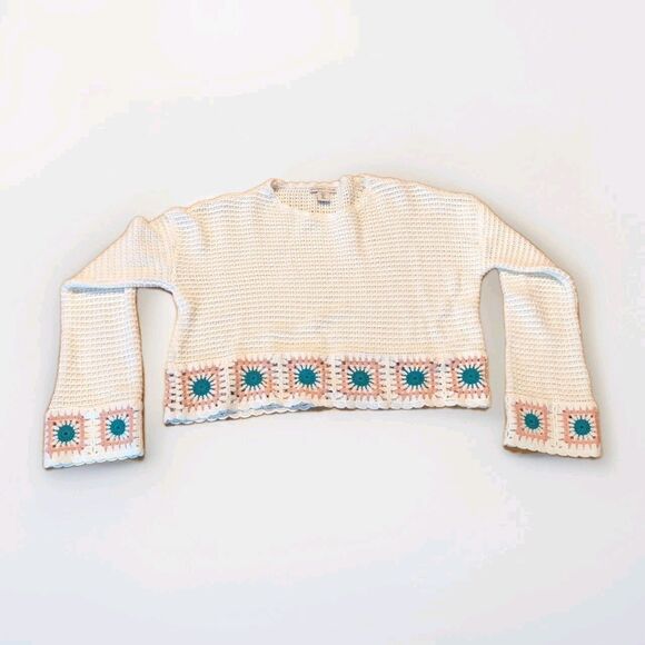 Sincerely Jules Sweater Womens Large White Crop Crochet Cottage Core - Picture 1 of 8